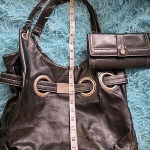 Nine West Black Leather Tote N Wallet with Silver Accents